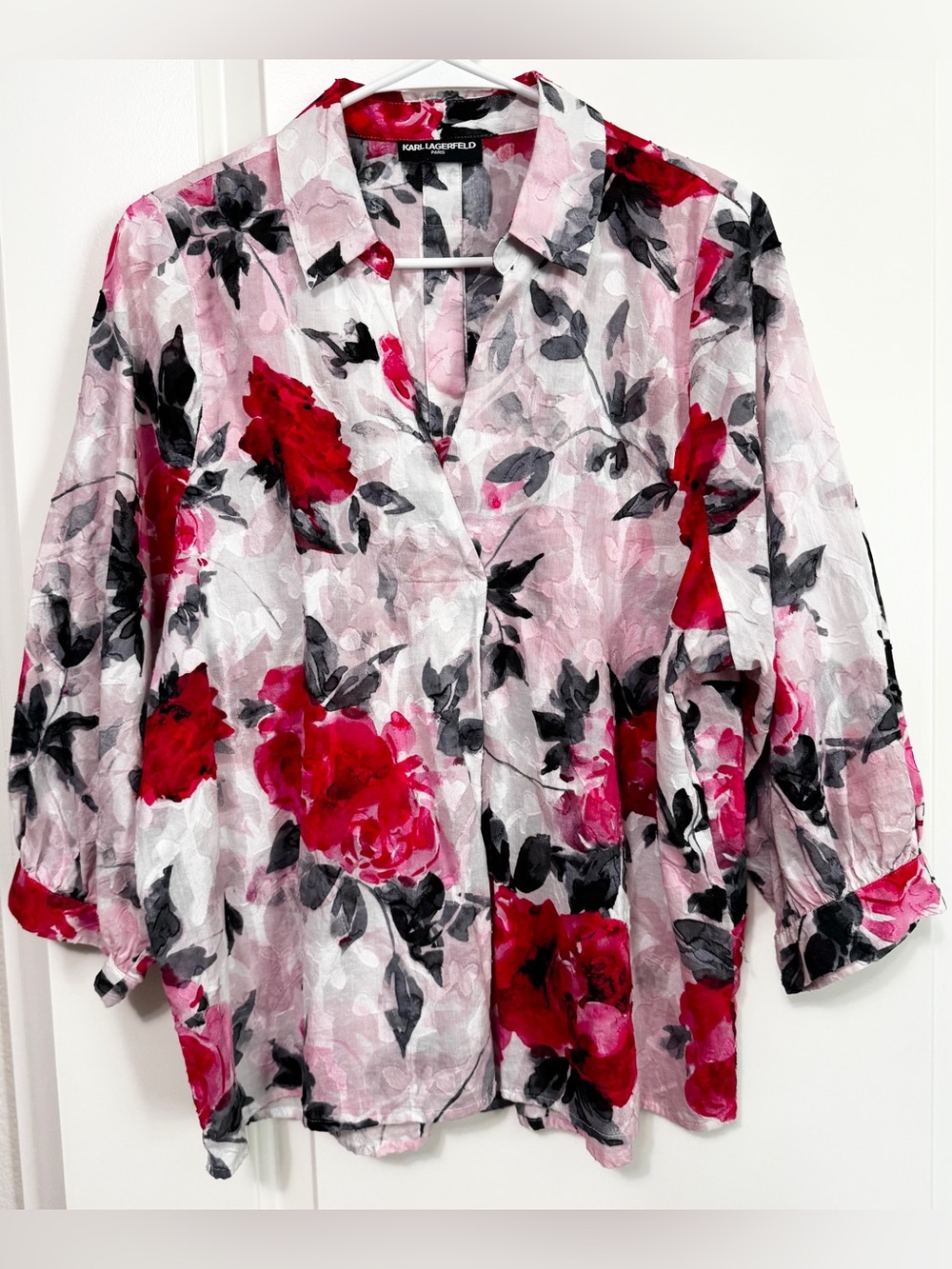 Karl Lagerfeld Paris Floral Jacquard Popover Blouse - Picture 3 of 14